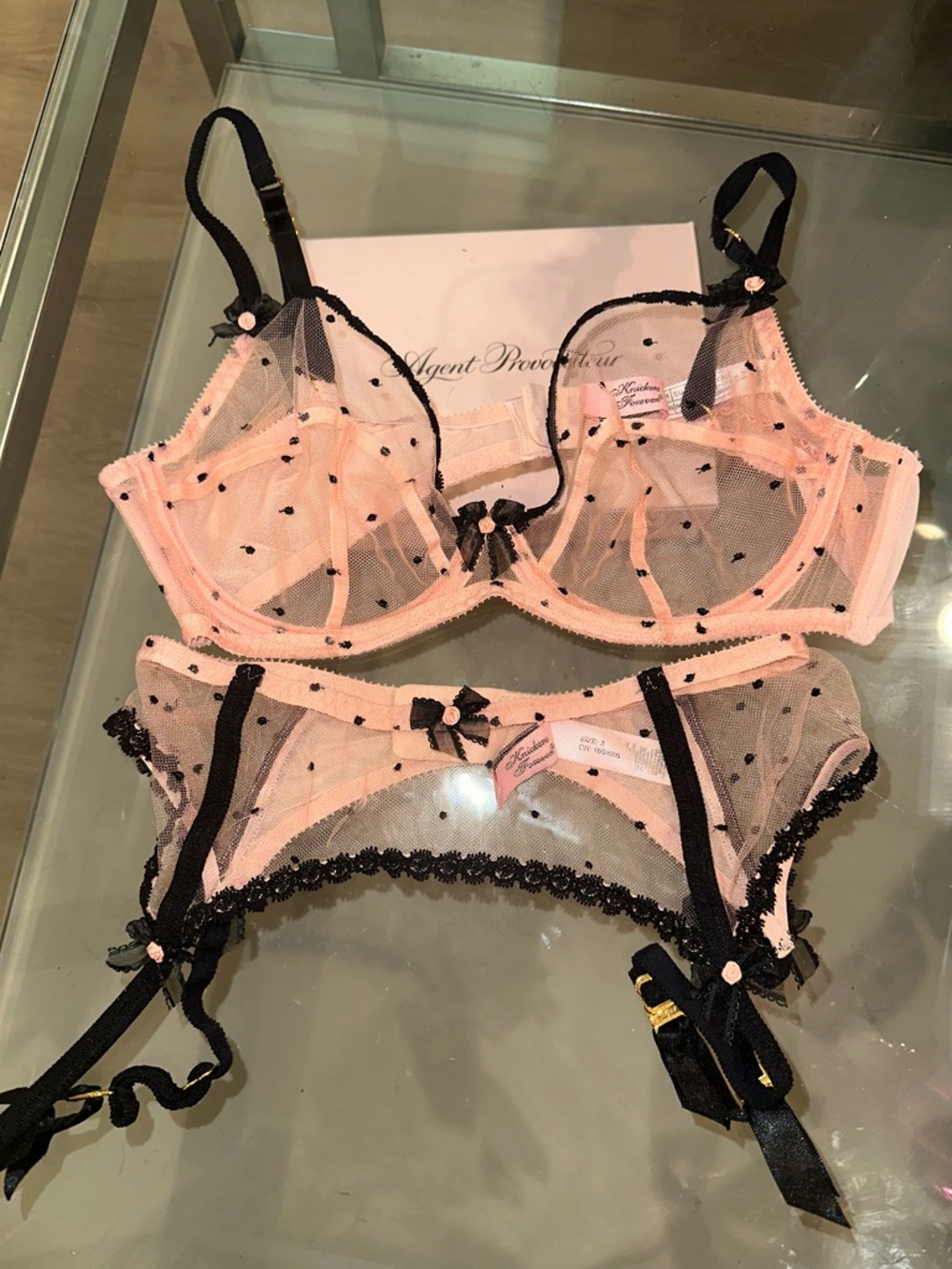 Agent Provocateur Poppy Pink black dot Sheer Embroidered Bra & Garter Set 34D